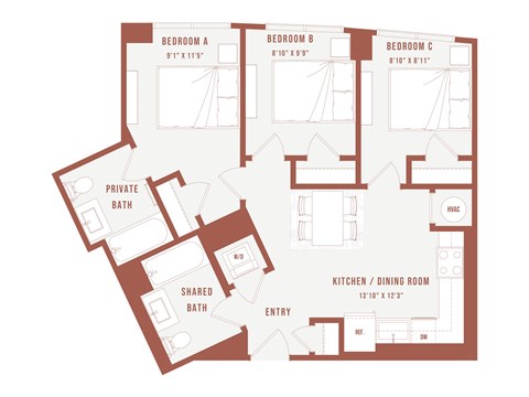Floor plan for 3 beds, 3 baths, 801 sqft